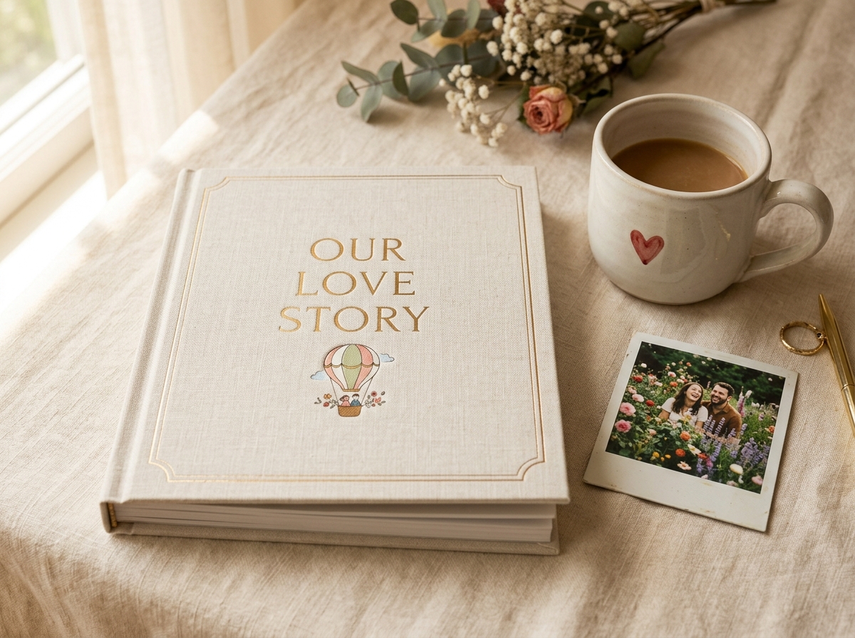 Polished hardcover keepsake love story book with coffee mug
