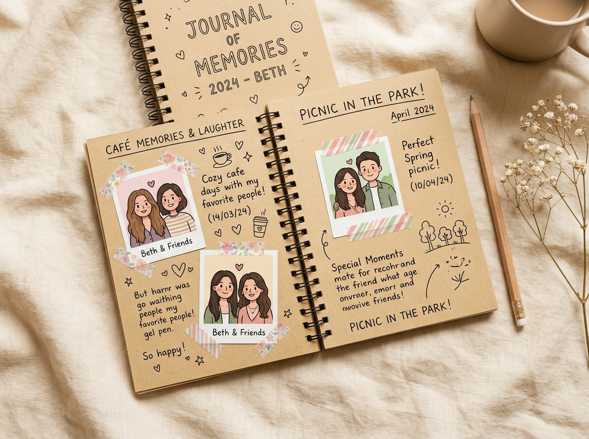 Open personalized scrapbook diary with polaroid photos and washi tape